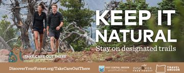 A proof of a TCOT billboard graphic regarding hiking etiquette. It boldly reads “Keep it Natural, Stay on designated trails.”