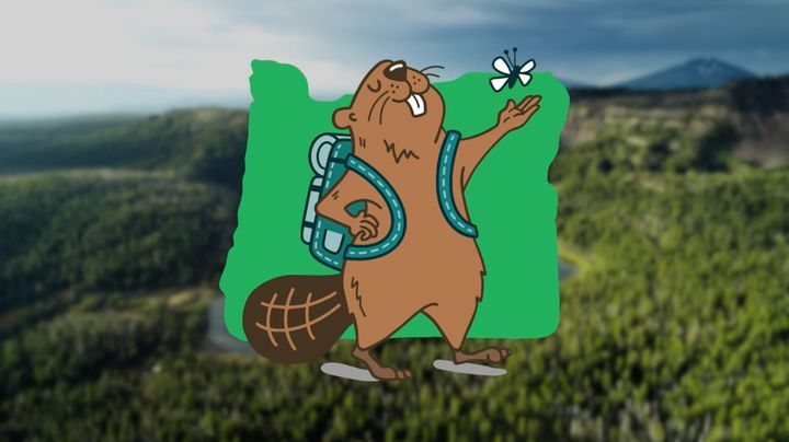 The TCOT mascot—an illustrated beaver wearing a rucksack—stands in front of the silhouette of the state of Oregon. Behind that, the background pictures a blurred-out scene of forested hills.