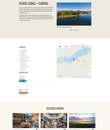 A screenshot of the Eastern Oregon consumer website. The pictured page features travel information about a destination labeled River Lodge + Cabins.