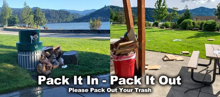 Two photos of over-filled trash cans demonstrate the impacts of destination over-use. Text on the bottom of the banner states “Pack it in - Pack it out. Please pack out your trash.”