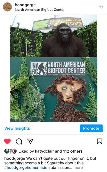 Another screenshot from the Hood-Gorge Instagram account, comparing an exhibit from Boring, Oregon’s North American Bigfoot Center to a fan-made replica. The replica is built from toy centipedes and other found materials.