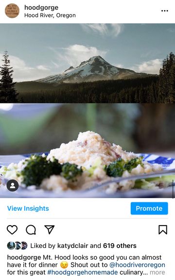 A screenshot from the Hood-Gorge Instagram account, comparing a photo of Mt. Hood to a community-submitted culinary recreation.