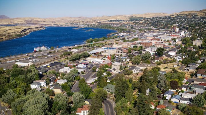 An aerial shot of The Dalles, a town located in the Mt. Hood and the Gorge region.