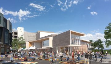 Artist’s rendering of the exterior of The Patricia Reser Center for the Performing Arts (“The Reser”) and people gathering to enjoy the space and view the sidewalk art as artists draw elaborate pieces of chalk art on the black sidewalk.