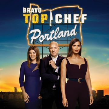 Studio image of two women and one man posing in front of cityscape and neon sign in the shape of the state of Oregon with the words, “Bravo Top Chef Portland”