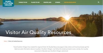A screenshot of the Travel Southern Oregon website. The page headline reads: Visitor Air Quality Resources.