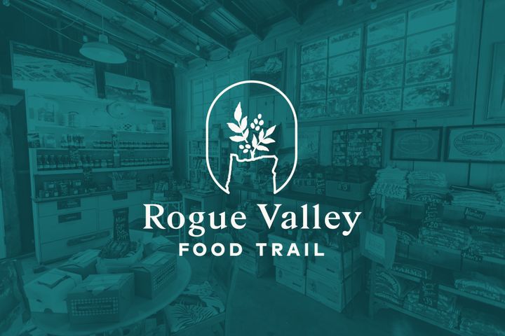 The Rogue Valley Food Trail logo, overlaid on a blue background.