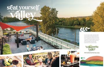 A promotional magazine spread prominently features an image of riverside dining. A headline reads: Seat yourself in the Valley.