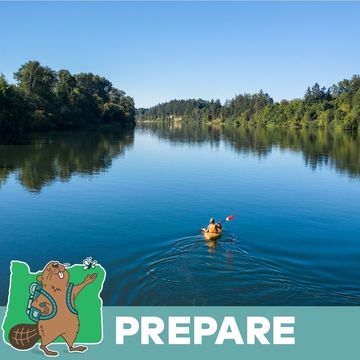 A social media graphic picturing a kayaker, who is wearing a life vest. A bottom banner reads: Prepare.