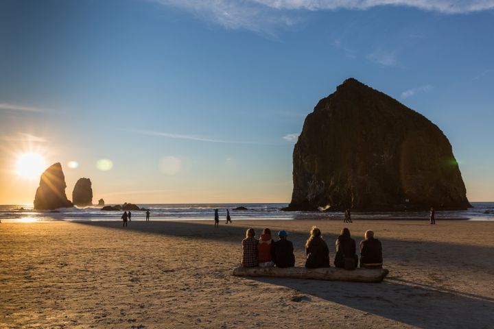 Sunset at Haystack Rock, Cannon Beach, Oregon.